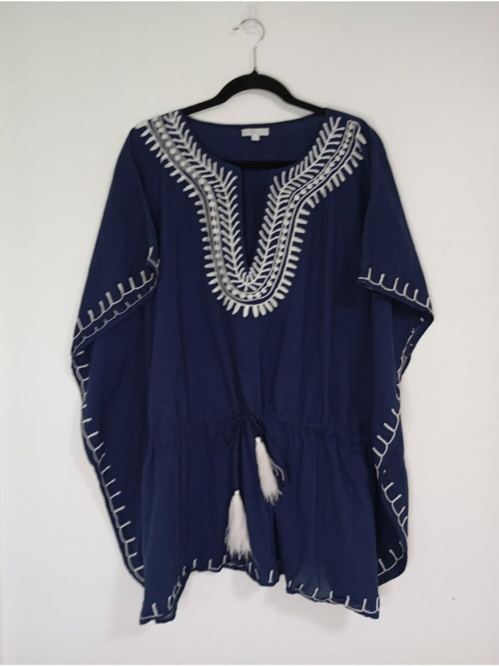 Debbie Katz Cover Up Tunic White Embroidery Tassels Lightweight Cotton Size XL